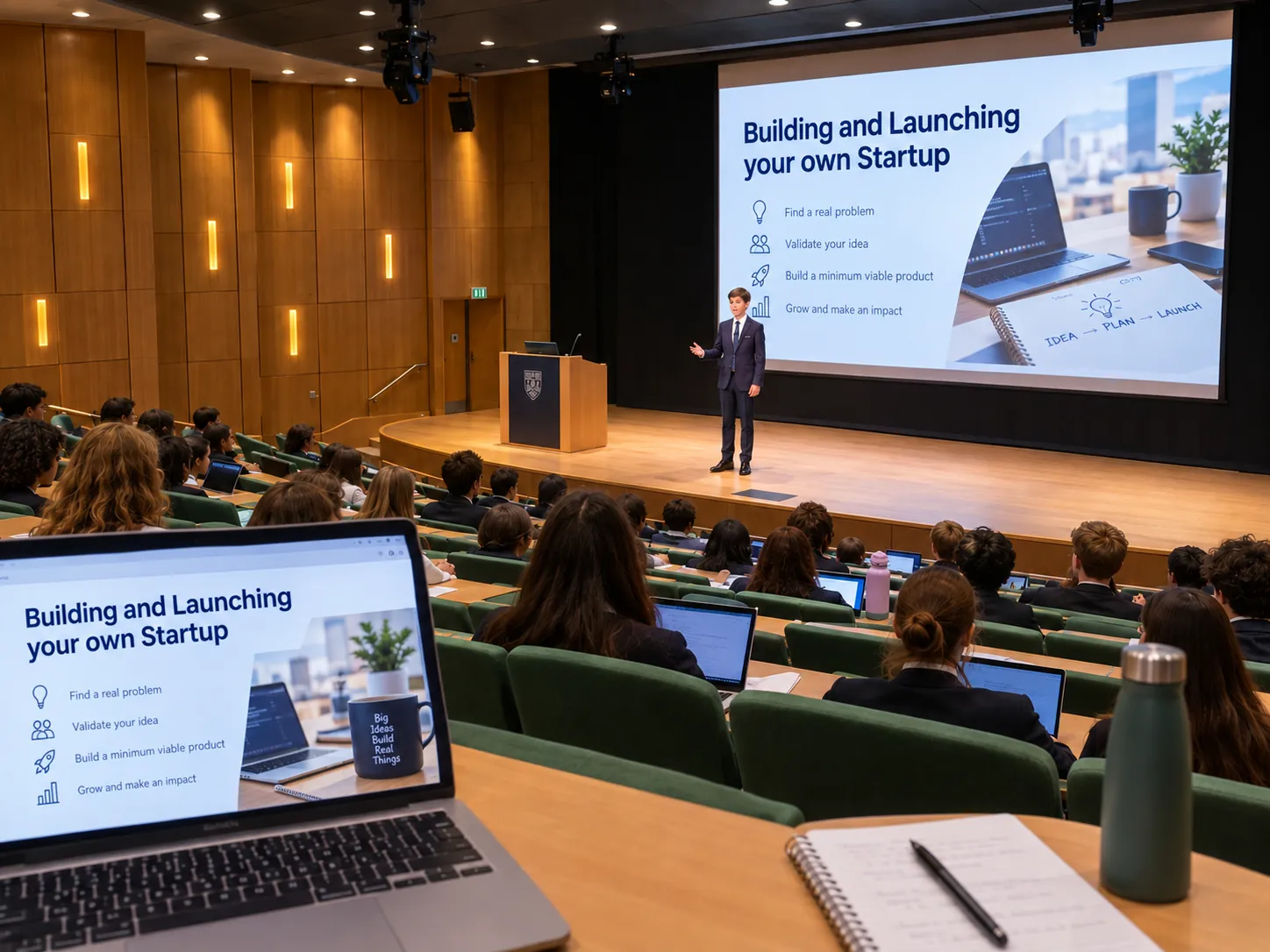 A student presenting their startup plan on an auditorium stage to an audience of fellow students following along on open laptops.